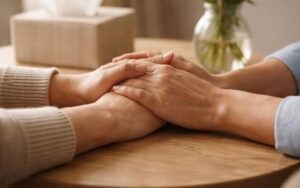 Two people clasp hands across a table during a caregiving discussion